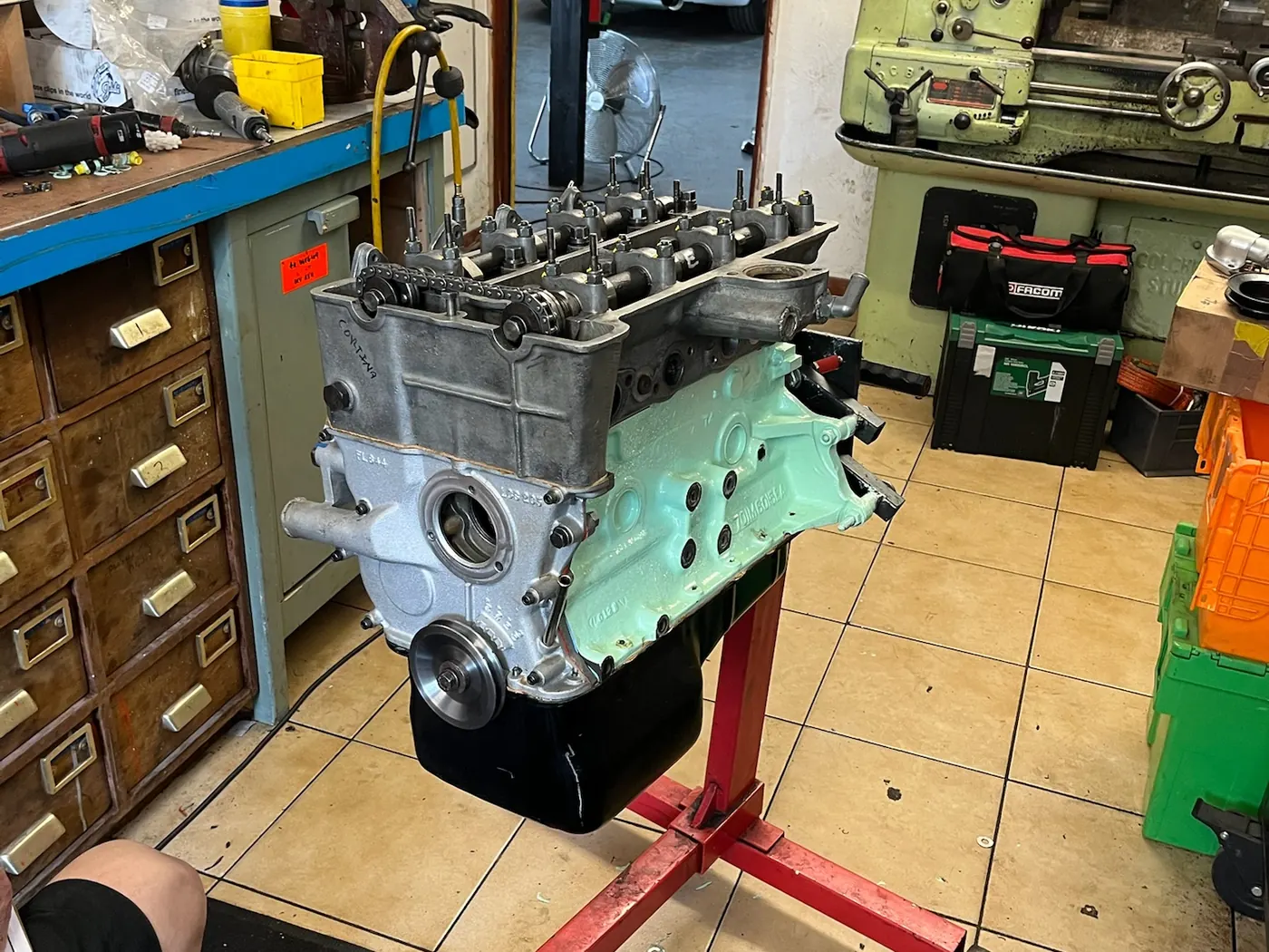 Rebuilt engine on stand at Goblin Automotive
