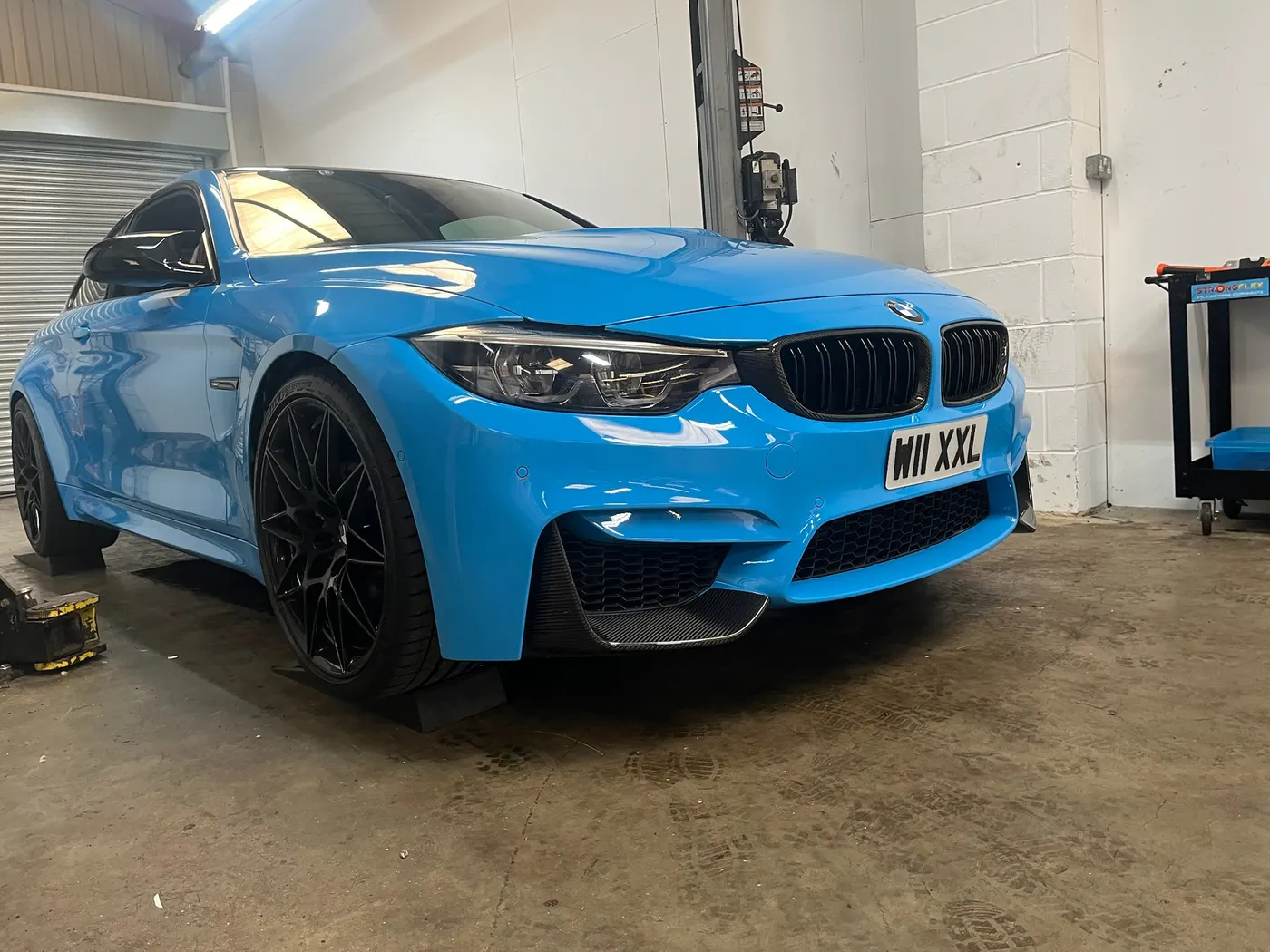 Blue BMW M car in the workshop at Goblin Automotive